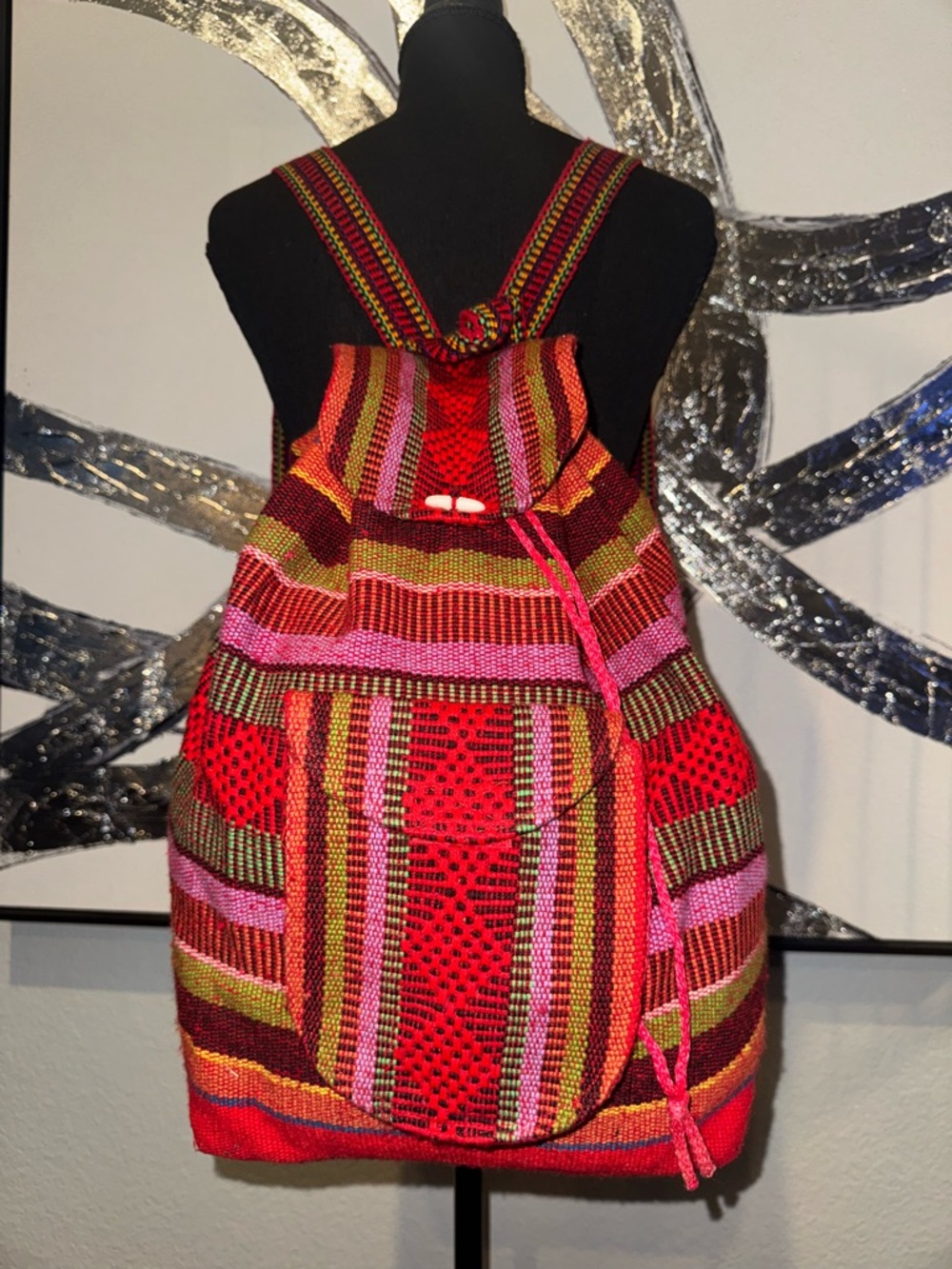 Handwoven Multicolor Striped Drawstring Backpack - Pink & Red - Picture 3 of 3